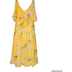 Sukienka Particia yellow. Żółte sukienki damskie Pakamera, z nadrukiem, z szyfonu, z dekoltem w serek, bez rękawów, midi. Za 189,00 zł.