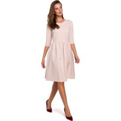 Sukienka rozkloszowana - beżowa. Brązowe sukienki damskie Moe, s, bez wzorów, z elastanu, eleganckie, z klasycznym kołnierzykiem, bez rękawów, midi, rozkloszowane. Za 199,00 zł.