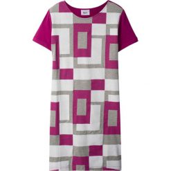 Sukienka shirtowa bonprix jasnoszary melanż - biały - fioletowa orchidea. Szare sukienki dziewczęce bonprix, na lato, z aplikacjami, z krótkim rękawem, krótkie, mini, dopasowane. Za 44,99 zł.