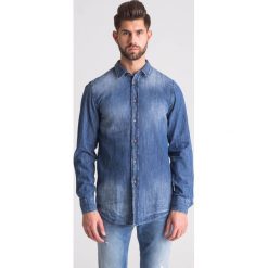 Jeansowa koszula Trussardi Jeans. Niebieskie koszule męskie Trussardi Jeans, m, bez wzorów, z jeansu, z włoskim kołnierzykiem, bez rękawów. Za 569,00 zł.