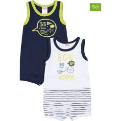 Rampersy (2 szt.) w kolorze granatowo-białym. Niebieskie body niemowlęce Absorba & DIM, z nadrukiem, z bawełny, bez rękawów. W wyprzedaży za 32,95 zł.