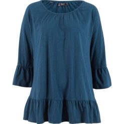 Shirt bawełniany z falbanami, rękawy 3/4 bonprix ciemnoniebieski. Niebieskie koszulki damskie bonprix, bez wzorów, z bawełny, bez kołnierzyka. Za 37,99 zł.