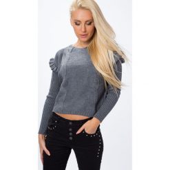 Sweter z falbanką przy rękawie ciemnoszary MP32010. Szare swetry damskie Fasardi, m, bez wzorów, bez rękawów, bez kaptura. Za 44,00 zł.
