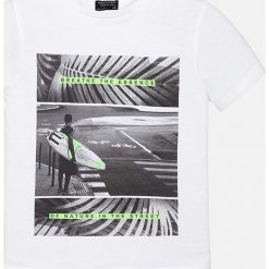 Mayoral - T-shirt dziecięcy 128-172 cm. Szare t-shirty chłopięce marki Mayoral, z nadrukiem, z bawełny, z okrągłym kołnierzem. Za 64,90 zł.