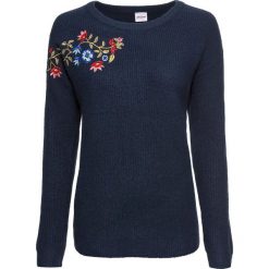 Sweter z haftem, długi rękaw bonprix ciemnoniebieski. Niebieskie swetry damskie bonprix, z haftami, z długim rękawem, długie, bez kaptura. Za 89,99 zł.