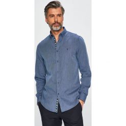 Trussardi Jeans - Koszula. Niebieskie koszule męskie Trussardi Jeans, bez wzorów, z bawełny, casualowe, z włoskim kołnierzykiem, z długim rękawem. W wyprzedaży za 379,90 zł.