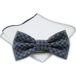 Granatowo-Szara Mucha + Poszetka - Chattier, Męska MUCH0267. Szare muszki męskie Chattier, na imprezę, w paski, eleganckie. Za 44,00 zł.