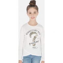 Mayoral - Longsleeve dziecięcy 128-167 cm. Białe bluzki dziewczęce Mayoral, z aplikacjami, z bawełny, z okrągłym kołnierzem, z długim rękawem, długie, bez kaptura. Za 82,90 zł.