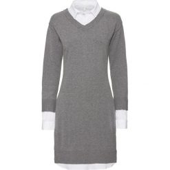 Sukienka dzianinowa bonprix szaro-biały. Szare sukienki damskie bonprix, bez wzorów, z dzianiny, eleganckie, z dekoltem w serek, z długim rękawem, długie, dopasowane. Za 129,99 zł.