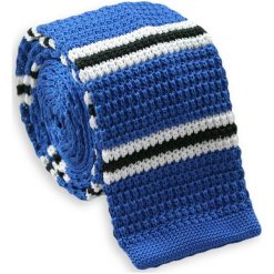 Dziergany Krawat Męski Knit w Białe i Czarne Paski - 5,5 cm - Alties, Niebieski KRALTS0008. Niebieskie krawaty męskie Alties, w paski, z jeansu, sportowe. Za 44,00 zł.