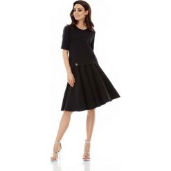 Czarny Komplet Bluzka z Rozkloszowaną Spódnicą do Kolan. Czarne bluzki damskie Molly.pl, do pracy, s, bez wzorów, eleganckie, midi, rozkloszowane. Za 158,90 zł.