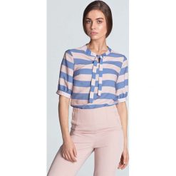 Fioletowa Wzorzysta Bluzka z Wiązaniem przy Dekolcie. Fioletowe bluzki damskie Molly.pl, s, bez wzorów, z jeansu, eleganckie, bez kołnierzyka, z krótkim rękawem. Za 129,90 zł.