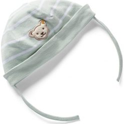 Czapka w kolorze jasnozielonym. Zielone czapeczki niemowlęce Steiff, w paski. W wyprzedaży za 35,95 zł.