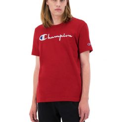 CHAMPION SCRIPT LOGO TEE > 210972-RS517. Koszulki męskie Champion, xxl, z haftami, z bawełny, klasyczne, z klasycznym kołnierzykiem, z krótkim rękawem, krótkie. W wyprzedaży za 89,99 zł.