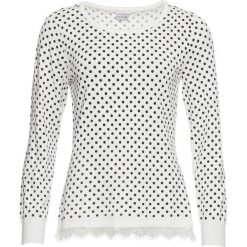 Sweter z dzianiny o gładkim splocie drobnych oczek w kropki, z koronką bonprix biel wełny - czarny w kopki. Białe swetry damskie bonprix, w koronkowe wzory, z wełny, bez rękawów, bez kaptura. Za 49,99 zł.