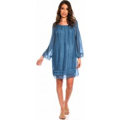 Jedwabna sukienka w kolorze niebieskim. Niebieskie sukienki damskie Silk Premium, s, bez wzorów, z jedwabiu, z okrągłym kołnierzem, bez rękawów, mini. W wyprzedaży za 171,95 zł.