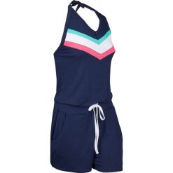 Kombinezon z dekoltem halter bonprix ciemnoniebieski. Niebieskie kombinezony damskie bonprix, w paski, bez kołnierzyka, bez rękawów. Za 99,99 zł.