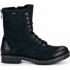 Niebieskie Granatowe Workery Ze Skóry VINCEZA. Niebieskie botki damskie Vinceza, na co dzień, na jesień, ze skóry, eleganckie, przed kolano, na wysokim obcasie, na sznurówki. W wyprzedaży za 319,00 zł.