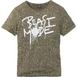 T-shirt Slim Fit bonprix ciemnooliwkowy z nadrukiem. Zielone koszulki męskie bonprix, s, z nadrukiem, bez kołnierzyka, bez rękawów. Za 37,99 zł.