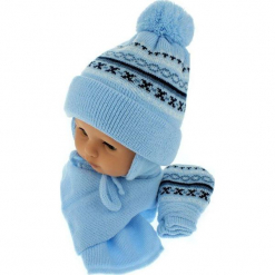 Czapka niemowlęca z szalikiem i rękawiczkami CZ+S+R 013D. Niebieskie czapeczki niemowlęce Proman. Za 45,90 zł.