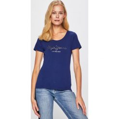 Pepe Jeans - Top Angelica. Niebieskie bluzki damskie Pepe Jeans, s, z nadrukiem, z elastanu, z okrągłym kołnierzem, z krótkim rękawem. W wyprzedaży za 69,90 zł.
