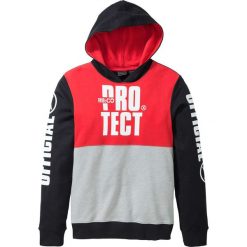Bluza z nadrukiem Slim Fit bonprix czarno-czerwono-jasnoszary melanż. Czarne bluzy męskie rozpinane bonprix, l, melanż, z kapturem. Za 109,99 zł.