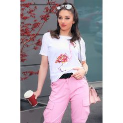 Damski t-shirt FLAMI. Białe bluzki damskie Damski t-shirt FLAMI, s, bez wzorów, bez kołnierzyka. W wyprzedaży za 39,00 zł.