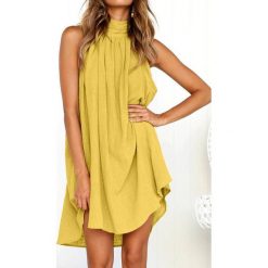 Sukienka DIMENA YELLOW. Żółte sukienki damskie IVET, na lato, s, bez wzorów, z bawełny, eleganckie, bez kołnierzyka, z krótkim rękawem, krótkie, mini. W wyprzedaży za 79,00 zł.