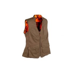 Kamizelka myśliwska dwustronna 500 damska CAMO FLUO. Brązowe kamizelki damskie SOLOGNAC. Za 249,99 zł.