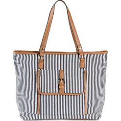 Torba shopper bonprix niebieski dżins - biało-brązowy w paski. Niebieskie torby damskie na zakupy bonprix, w paski, bez dodatków. Za 79,99 zł.