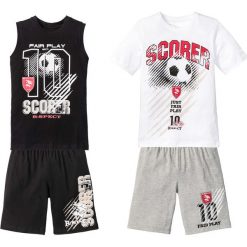 T-shirt + koszulka bez rękawów + bermudy (4 części) bonprix biało-czarno-szary melanż. Białe t-shirty chłopięce marki bonprix, z nadrukiem, z dżerseju, bez rękawów. Za 79,99 zł.