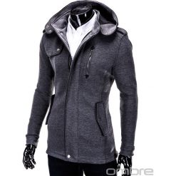 PŁASZCZ MĘSKI Z KAPTUREM C200 - GRAFITOWY. Szare kurtki męskie marki Ombre Clothing, m, z elastanu, z kapturem. Za 149,00 zł.