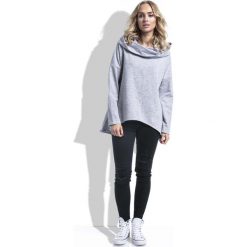 Szara Bluza Asymetryczna Melanżowa z Kapturem. Szare bluzy damskie marki Molly.pl, s, bez wzorów, z bawełny, z krótkim rękawem, długie, z kapturem. Za 129,90 zł.