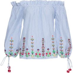 Bluzka "carmen" bonprix niebiesko-biały w paski. Niebieskie koszulki damskie bonprix, w paski, bez kołnierzyka, bez rękawów. Za 119,99 zł.
