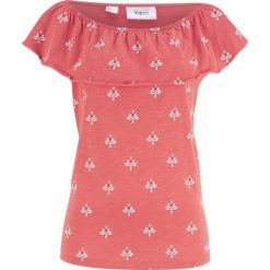 Shirt z dekoltem "carmen" z falbaną bonprix rabarbarowy wzorzysty. Różowe koszulki damskie bonprix, bez wzorów, bez kołnierzyka. Za 34,99 zł.