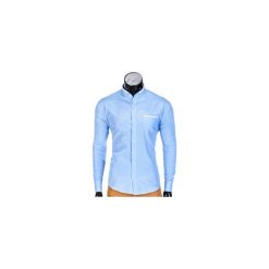 KOSZULA MĘSKA ELEGANCKA Z DŁUGIM RĘKAWEM K389 - BŁĘKITNA. Niebieskie koszule męskie na spinki marki Ombre Clothing, m, z materiału, ze stójką, z długim rękawem. Za 49,00 zł.