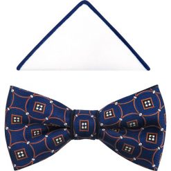 Granatowa mucha męska z pomarańczowo-białym wzorem A259. Pomarańczowe muszki męskie Modini Moda Męska, na co dzień, bez wzorów, z tkaniny, eleganckie. Za 44,55 zł.
