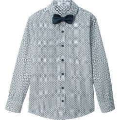 Koszula i mucha (2 części) bonprix biało-niebieski z nadrukiem. Niebieskie koszule chłopięce bonprix, z nadrukiem, bez kołnierzyka, bez rękawów. Za 69,99 zł.
