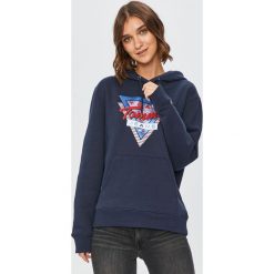 Tommy Jeans - Bluza. Niebieskie bluzy damskie Tommy Jeans, s, z nadrukiem, z bawełny, bez rękawów, z kapturem. Za 449,90 zł.