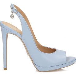 Niebieskie czółenka peep toe. Niebieskie czółenka peep toe marki Kazar, ze skóry, na wysokim obcasie, na platformie. Za 281,00 zł.