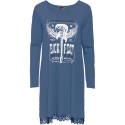 Sukienki: Sukienka shirtowa z koronkową wstawką bonprix niebieski dżins z nadrukiem