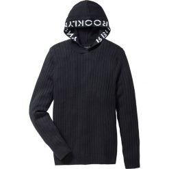 Sweter z kapturem Slim Fit bonprix czarny. Czarne swetry męskie bonprix, xl, z haftami, z kapturem, z kapturem. Za 44,99 zł.