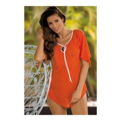 Tunika Lily Gerbera M-339 (20). Pomarańczowe tuniki plażowe damskie Marko, na plażę, m, bez wzorów, eleganckie, bez kołnierzyka, bez rękawów. Za 84,90 zł.