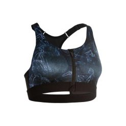 Stanik fitness kardio 900 ZIP zielony z nadrukiem. Niebieskie buty sportowe damskie DOMYOS, z nadrukiem, z elastanu, na fitness i siłownię. Za 79,99 zł.