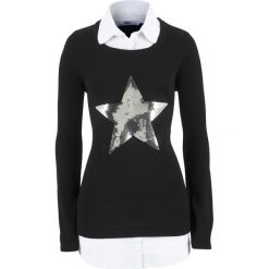 Sweter 2 w 1 z koszulową wstawką, długi rękaw bonprix czarny. Czarne swetry klasyczne damskie bonprix, z koszulowym kołnierzykiem. Za 119,99 zł.