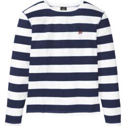 Shirt z długim rękawem, w paski bonprix ciemnoniebiesko-biały w paski. Niebieskie koszulki męskie bonprix, s, w paski, bez kołnierzyka, z długim rękawem, długie. Za 54,99 zł.