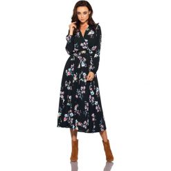 Kopertowa Midi Sukienka Czarna w Kwiatki z Paskiem. Czarne sukienki dziewczęce Molly.pl, w paski, z tkaniny, bez rękawów, długie, midi, rozkloszowane. Za 159,90 zł.