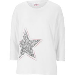 Bluza oversize z nadrukiem bonprix biel wełny z nadrukiem. Białe bluzy damskie bonprix, z nadrukiem, z wełny, bez rękawów, bez kaptura. Za 34,99 zł.