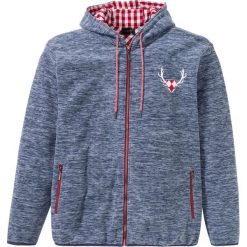 Bluza rozpinana z polaru w ludowym stylu bonprix niebieski indygo melanż. Niebieskie bluzy męskie bonprix, s, z aplikacjami, z polaru, bez kołnierzyka, bez rękawów, bez kaptura. Za 134,99 zł.