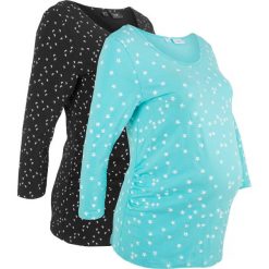 Shirt ciążowy z nadrukiem (2 szt.), bawełna organiczna bonprix czarny z nadrukiem + morski z nadrukiem. Czarne koszulki damskie marki bonprix, z nadrukiem, z bawełny, z okrągłym kołnierzem, bez rękawów. Za 119,98 zł.